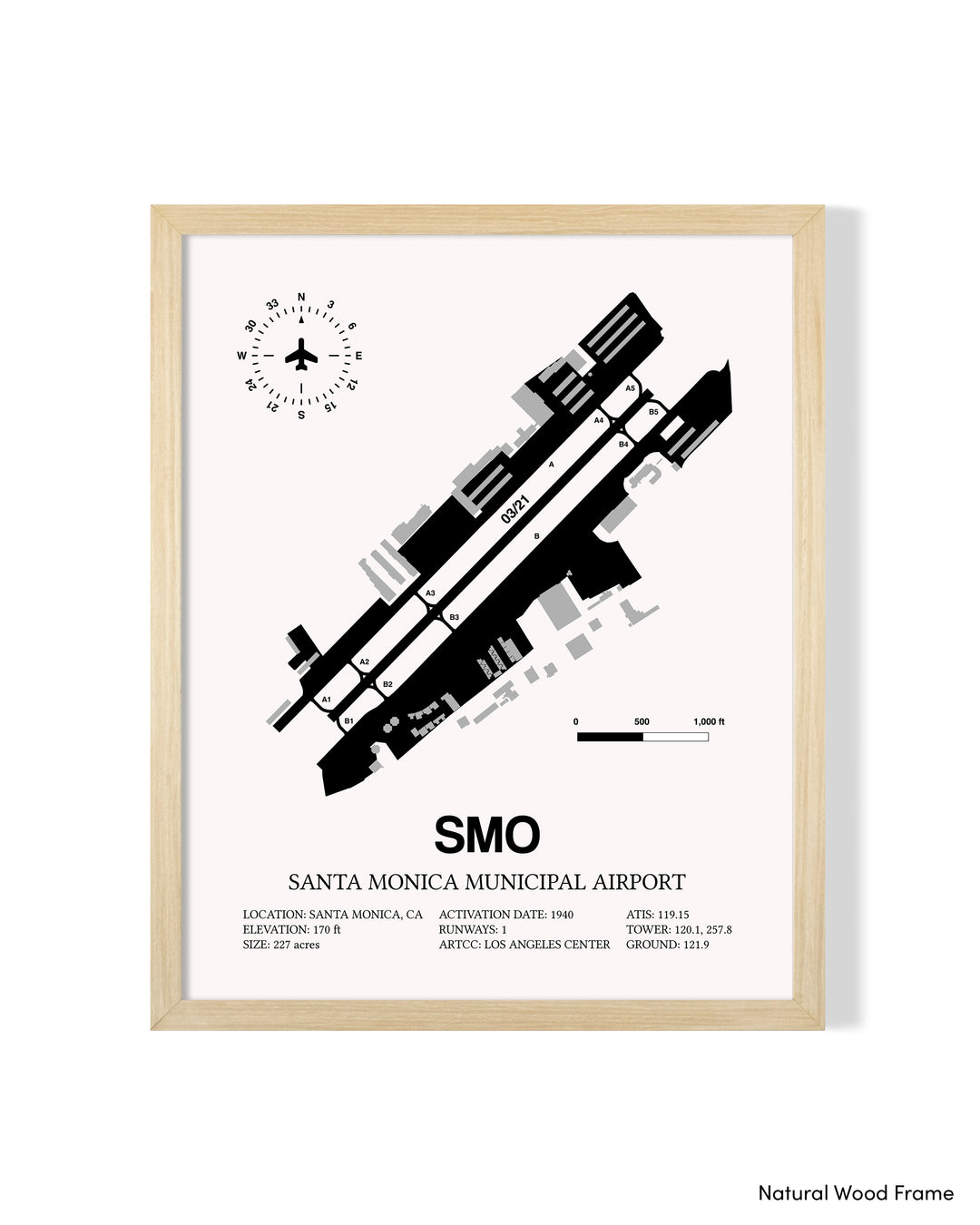 Detailed Airport Map of Santa Monica Municipal Airport (SMO) in White with a Natural Frame