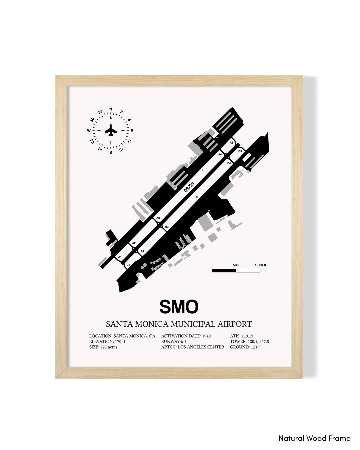 Detailed Airport Map of Santa Monica Municipal Airport (SMO) in White with a Natural Frame