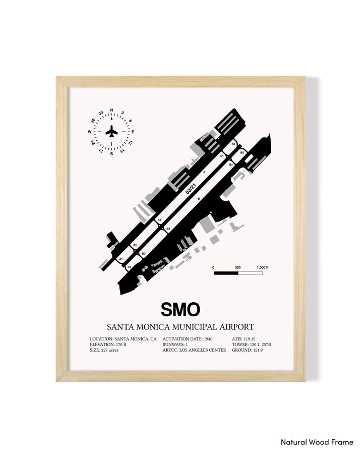Detailed Airport Map of Santa Monica Municipal Airport (SMO) in White with a Natural Frame