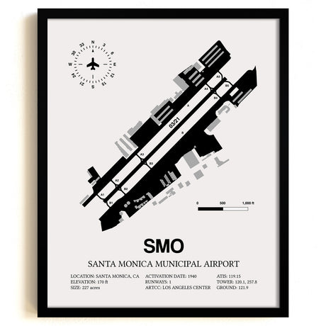 Framed Detailed Airport Map of Santa Monica Municipal Airport (SMO) in White with a Black Frame