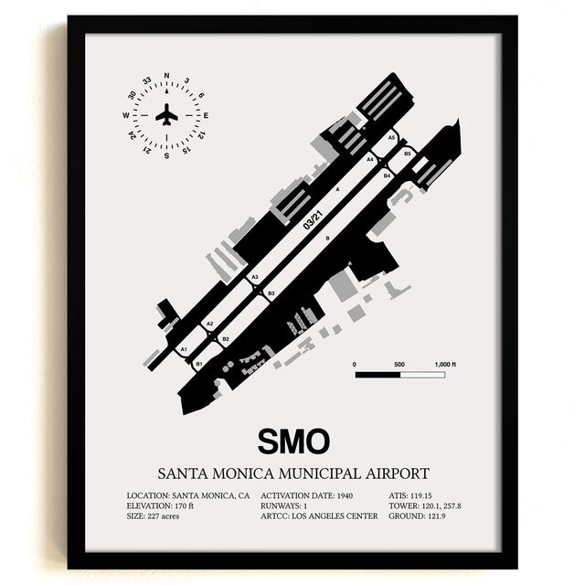 Framed Detailed Airport Map of Santa Monica Municipal Airport (SMO) in White with a Black Frame