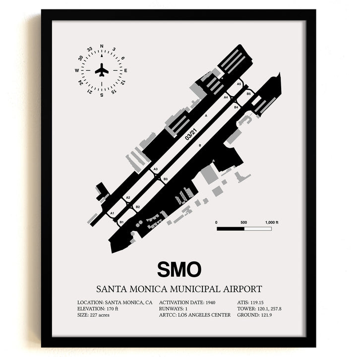Framed Detailed Airport Map of Santa Monica Municipal Airport (SMO) in White with a Black Frame