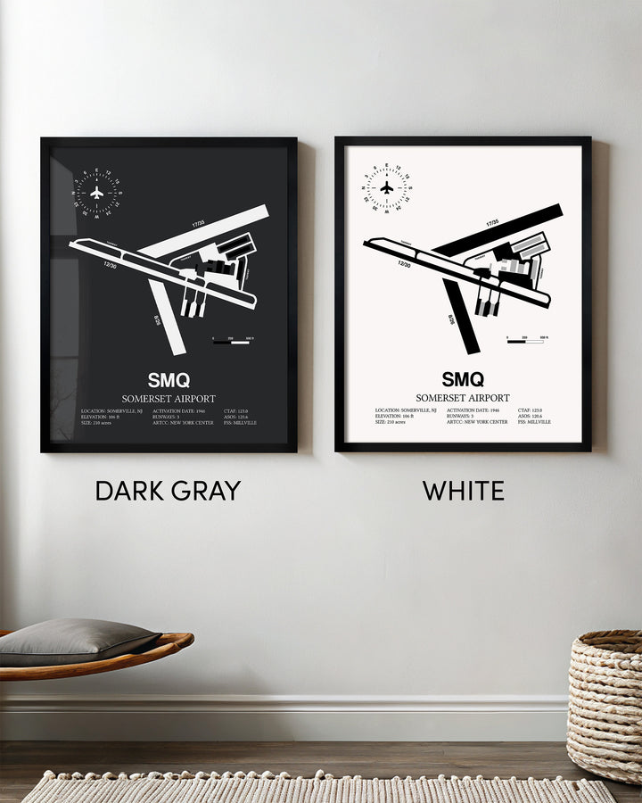 Framed Detailed Airport Map of Somerset Airport (SMQ) in White and Gray