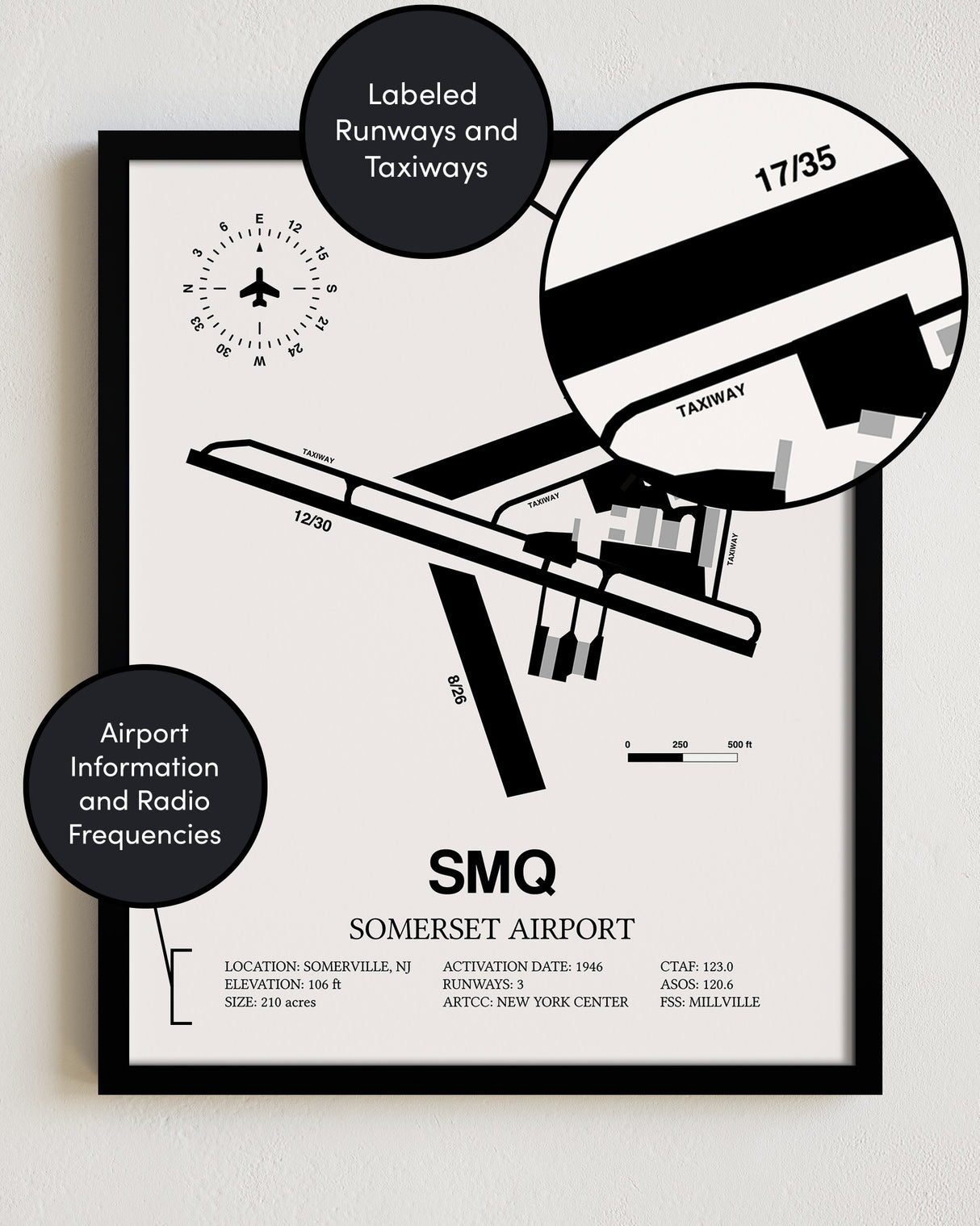 Framed Detailed Airport Map of Somerset Airport (SMQ) in Gray with a Black Frame