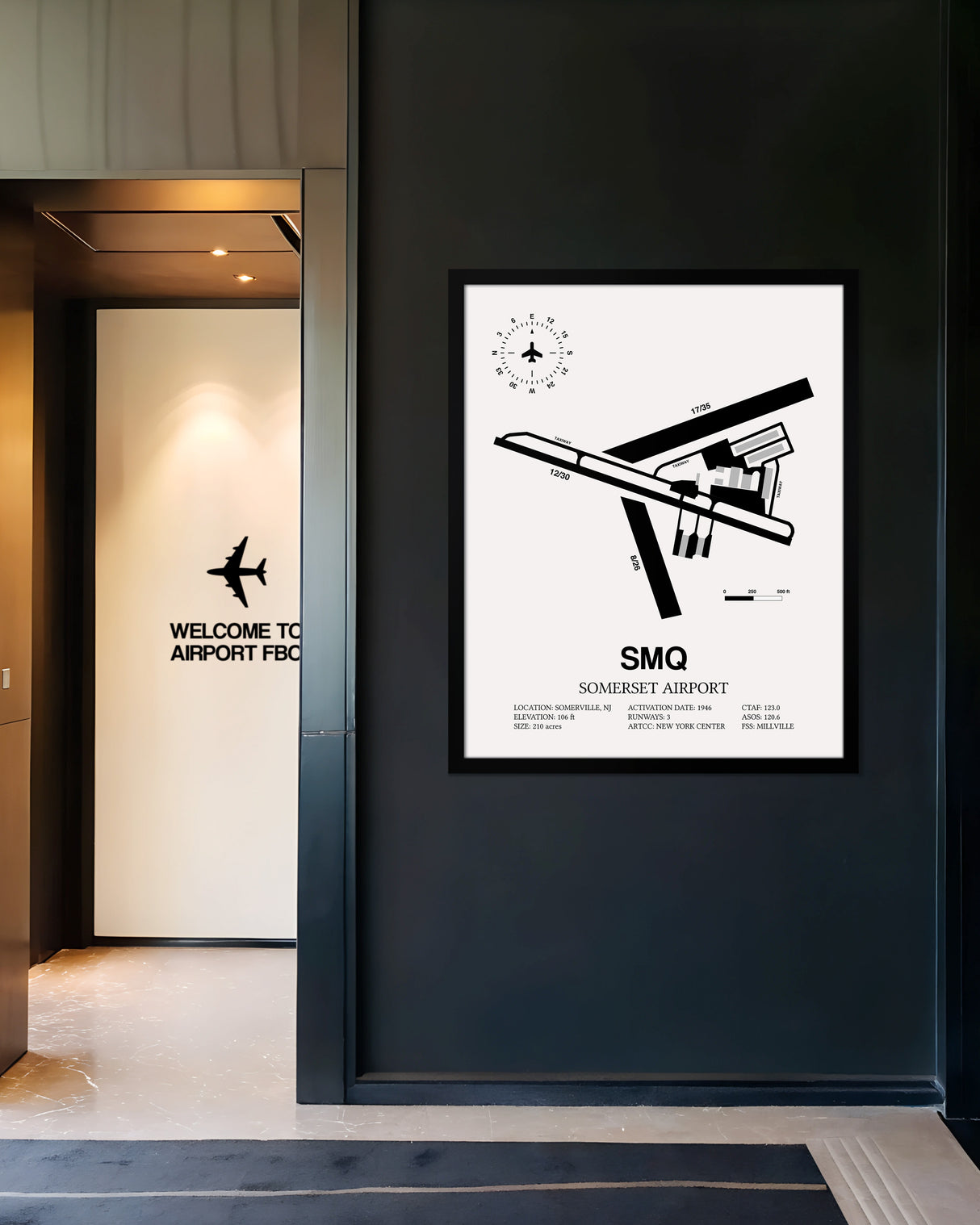 Framed Detailed Airport Map of Somerset Airport (SMQ) in White with a Black Frame