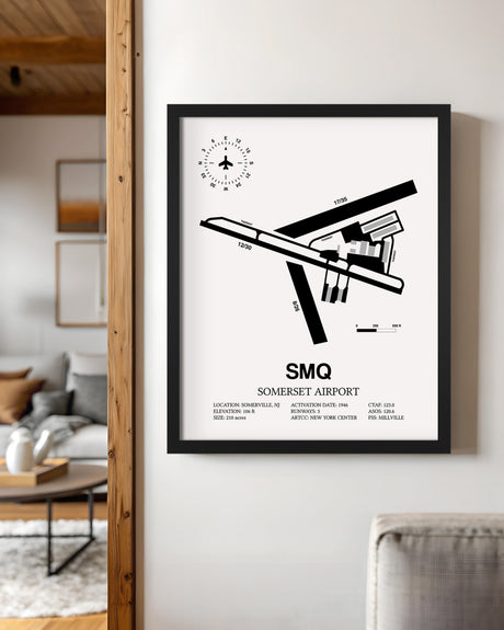 Framed Detailed Airport Map of Somerset Airport (SMQ) in White with a Black Frame