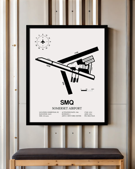 Framed Detailed Airport Map of Somerset Airport (SMQ) in White with a Black Frame