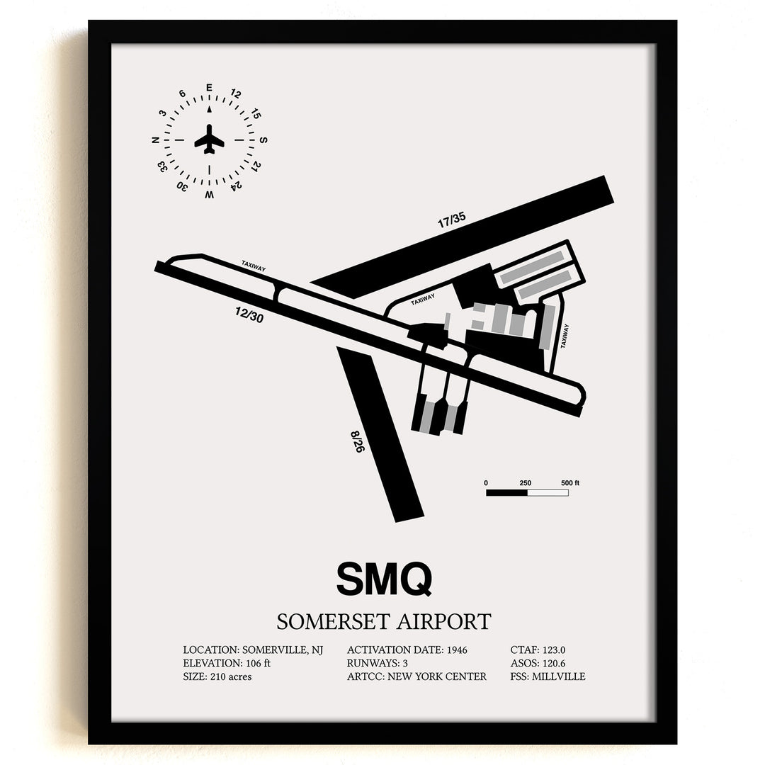Framed Detailed Airport Map of Somerset Airport (SMQ) in White with a Black Frame