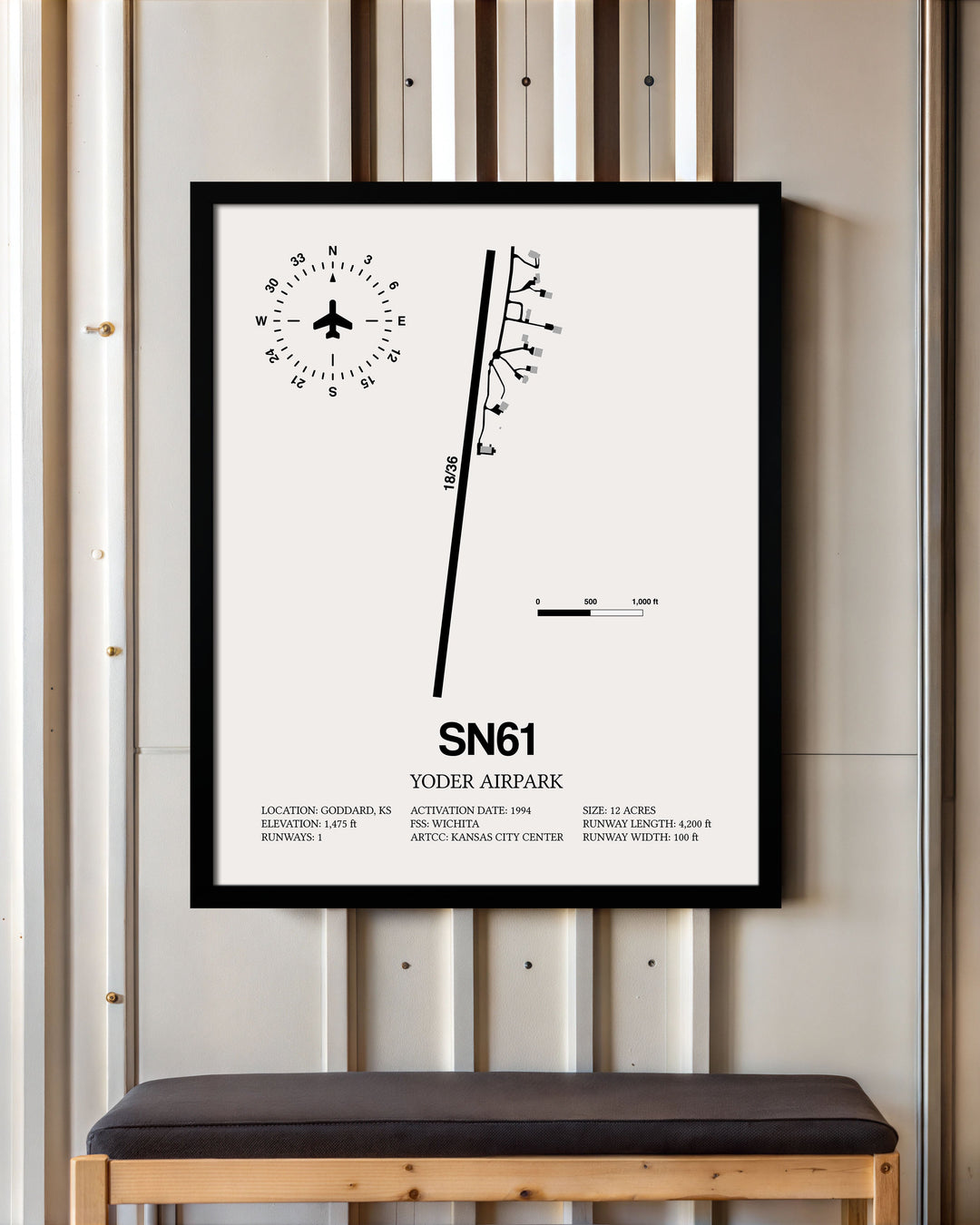 Framed Detailed Airport Map of Yoder Airpark (SN61) in White with a Black Frame