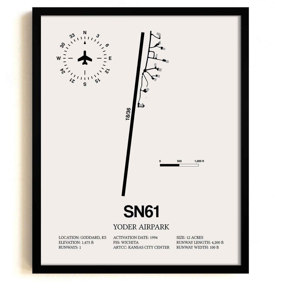 Framed Detailed Airport Map of Yoder Airpark (SN61) in White with a Black Frame