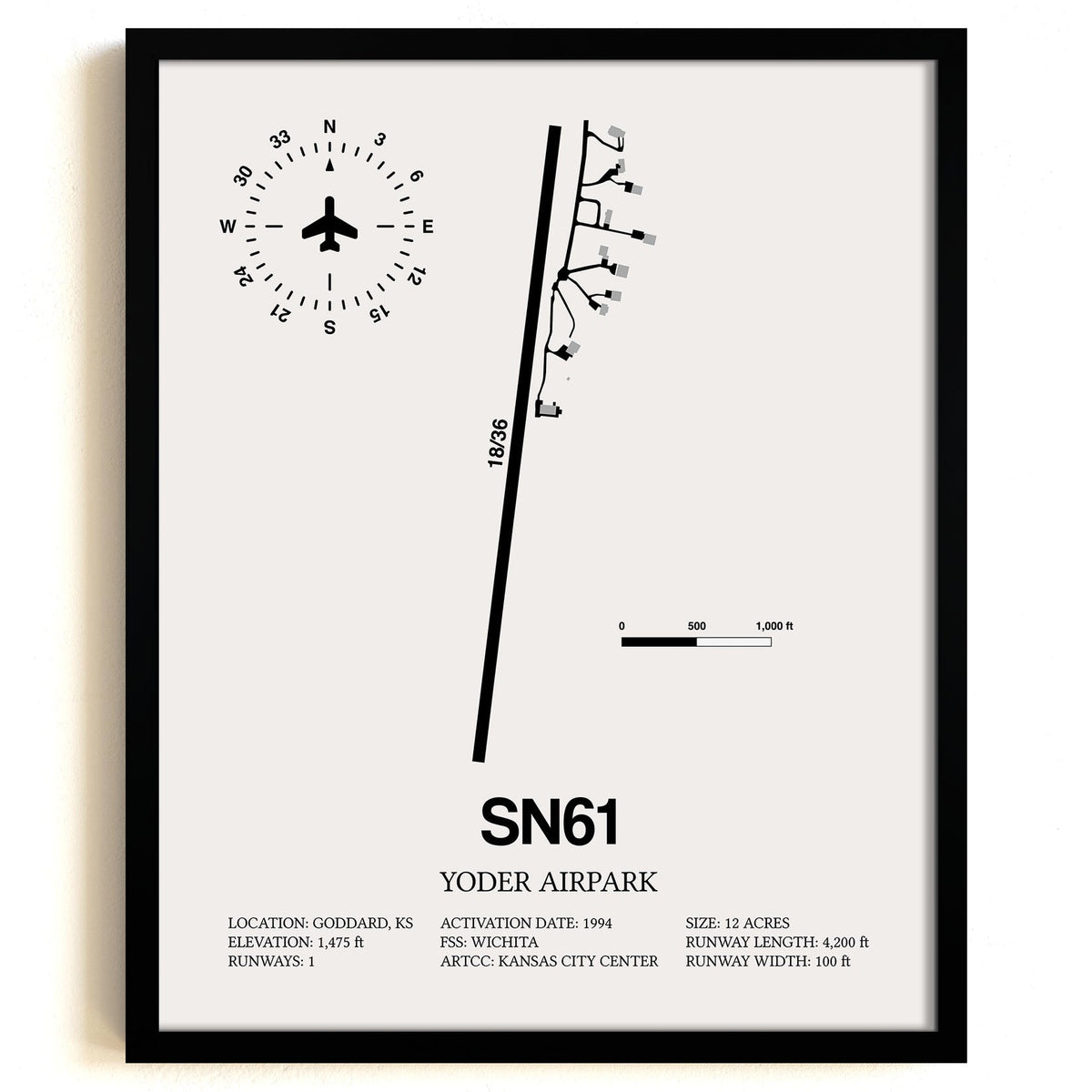 Framed Detailed Airport Map of Yoder Airpark (SN61) in White with a Black Frame