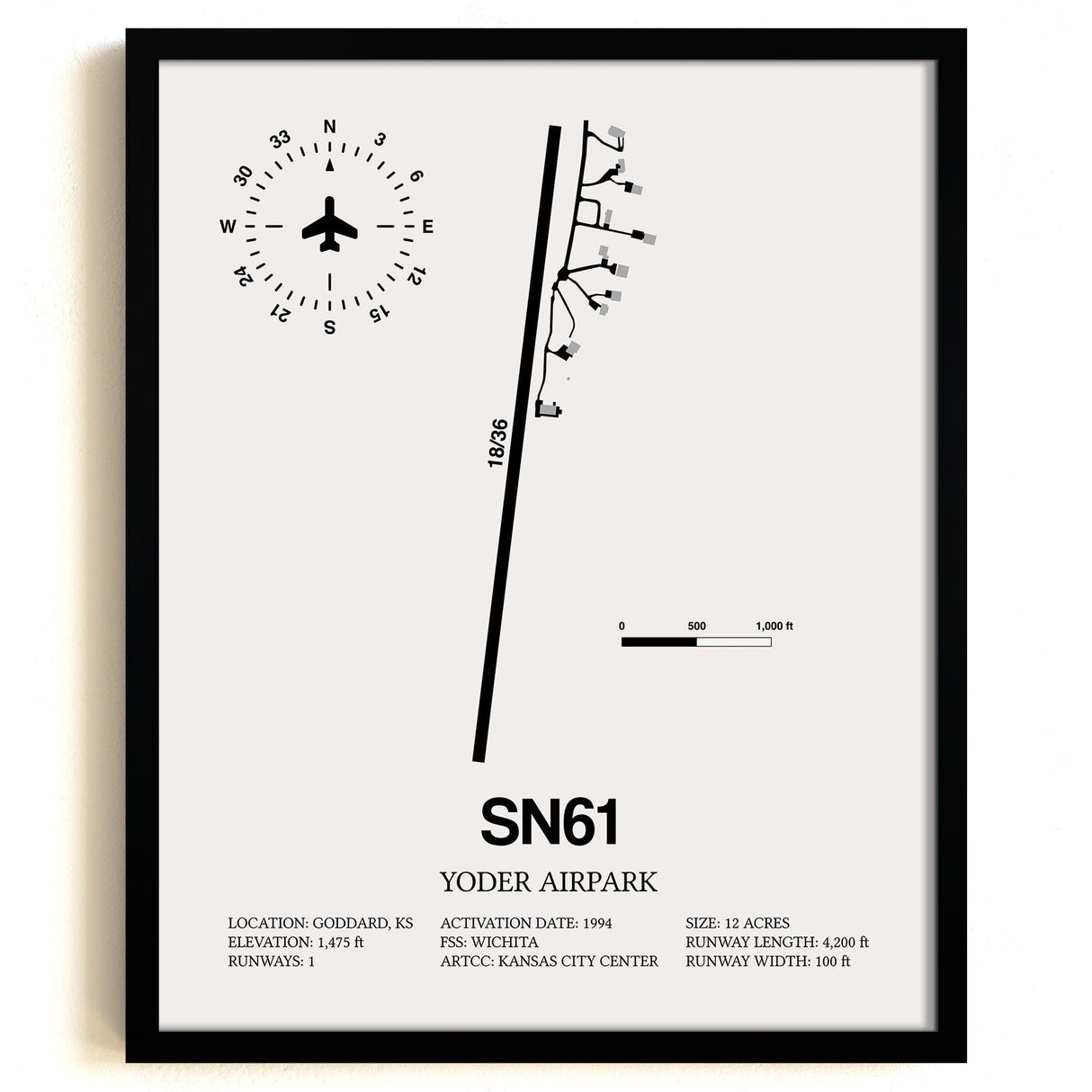 Framed Detailed Airport Map of Yoder Airpark (SN61) in White with a Black Frame
