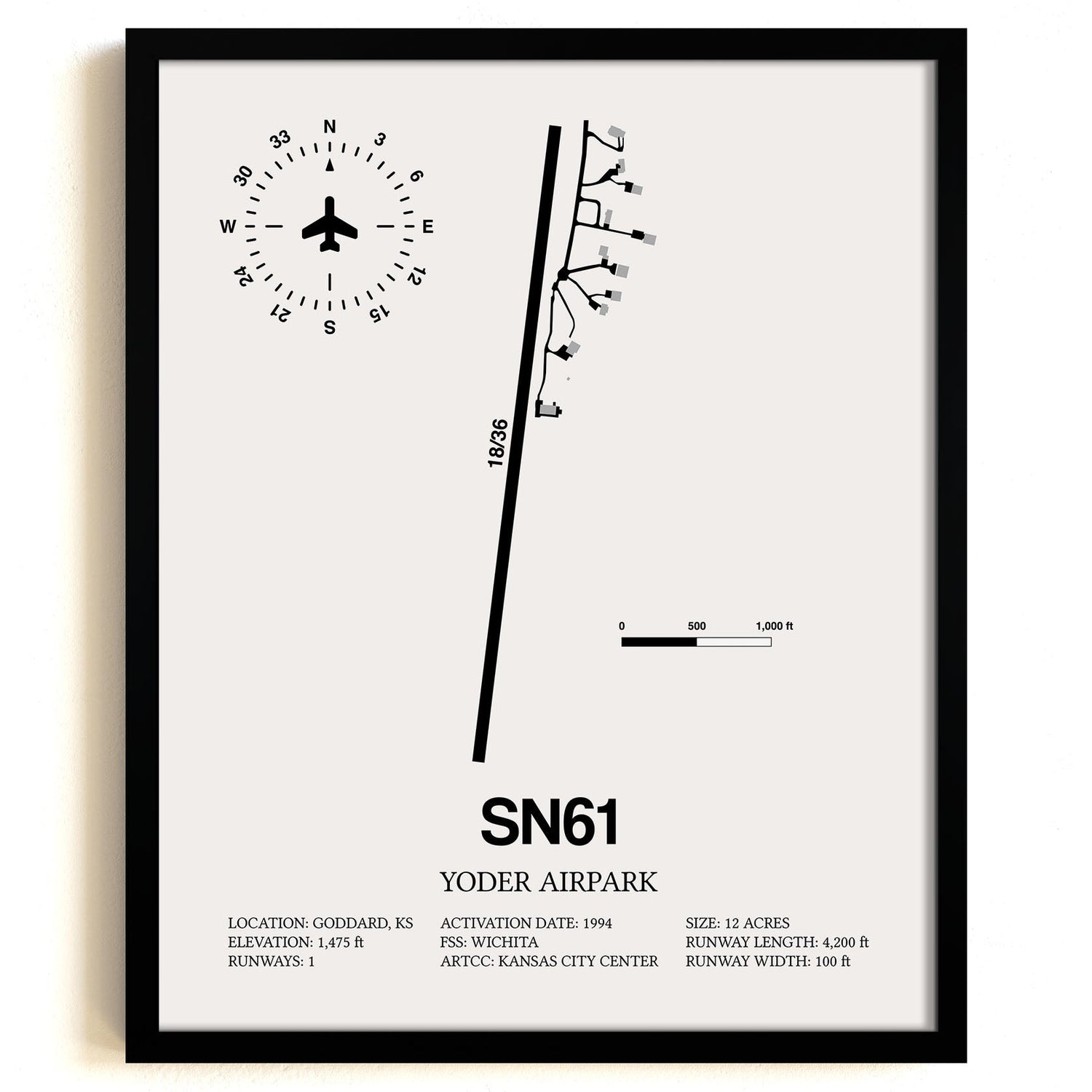 Framed Detailed Airport Map of Yoder Airpark (SN61) in White with a Black Frame