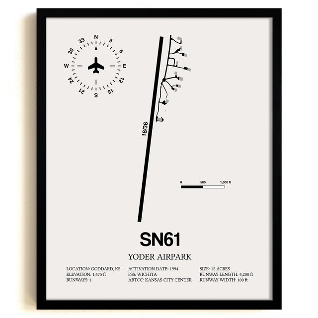 Framed Detailed Airport Map of Yoder Airpark (SN61) in White with a Black Frame