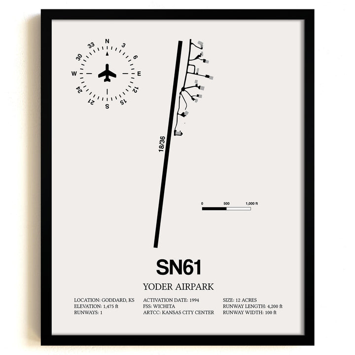 Framed Detailed Airport Map of Yoder Airpark (SN61) in White with a Black Frame