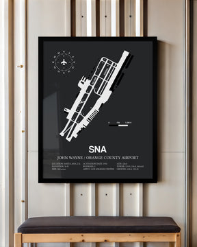 Framed Detailed Airport Map of John Wayne Orange County International Airport (SNA) in Gray with a Black Frame
