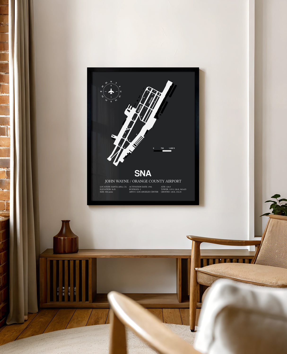 Framed Detailed Airport Map of John Wayne Orange County International Airport (SNA) in Gray with a Black Frame