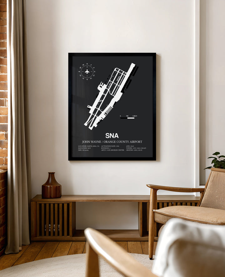 Framed Detailed Airport Map of John Wayne Orange County International Airport (SNA) in Gray with a Black Frame