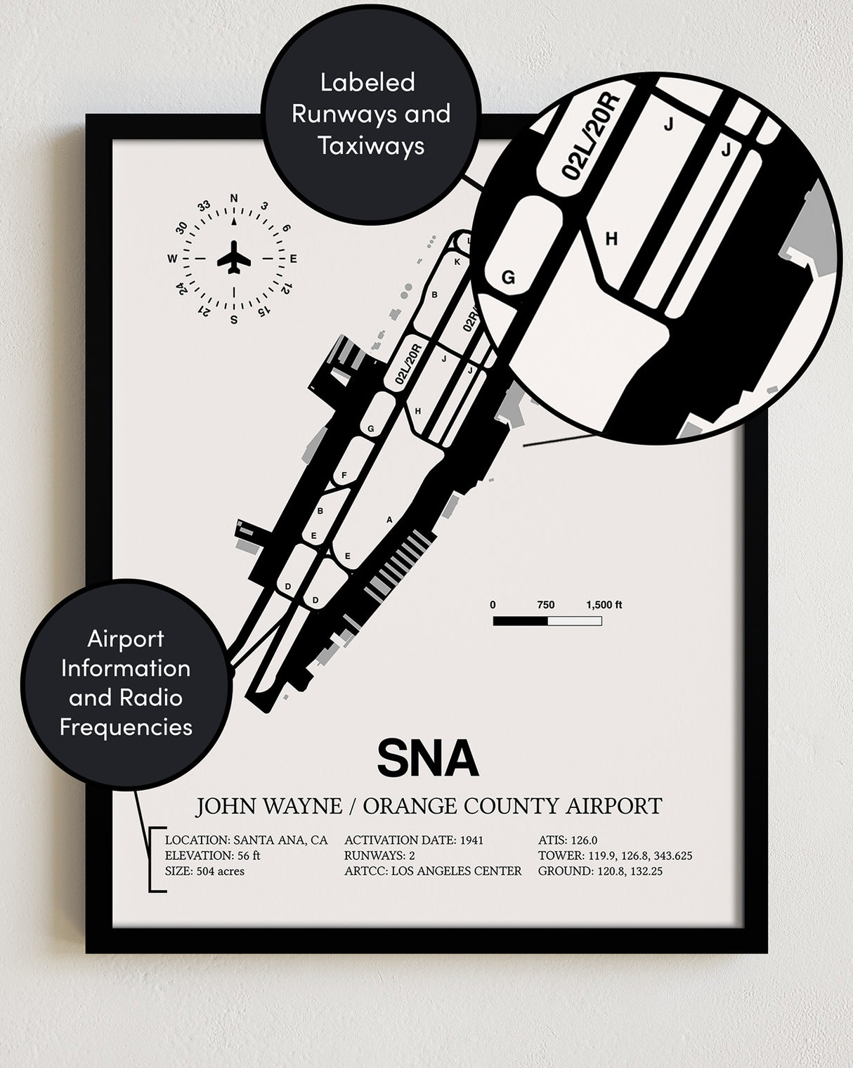 Framed Detailed Airport Map of John Wayne Orange County International Airport (SNA) in White with a Black Frame