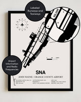 Framed Detailed Airport Map of John Wayne Orange County International Airport (SNA) in White with a Black Frame