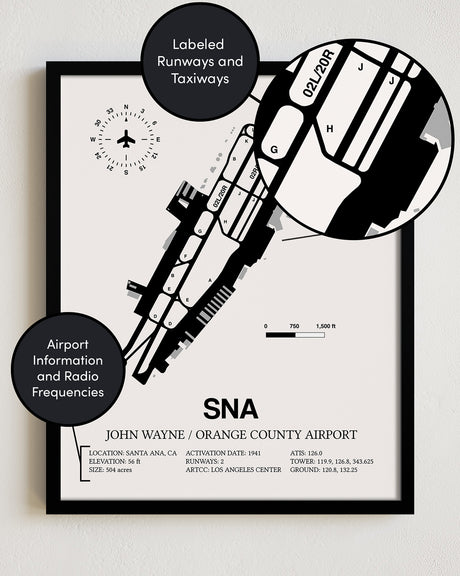 Framed Detailed Airport Map of John Wayne Orange County International Airport (SNA) in White with a Black Frame