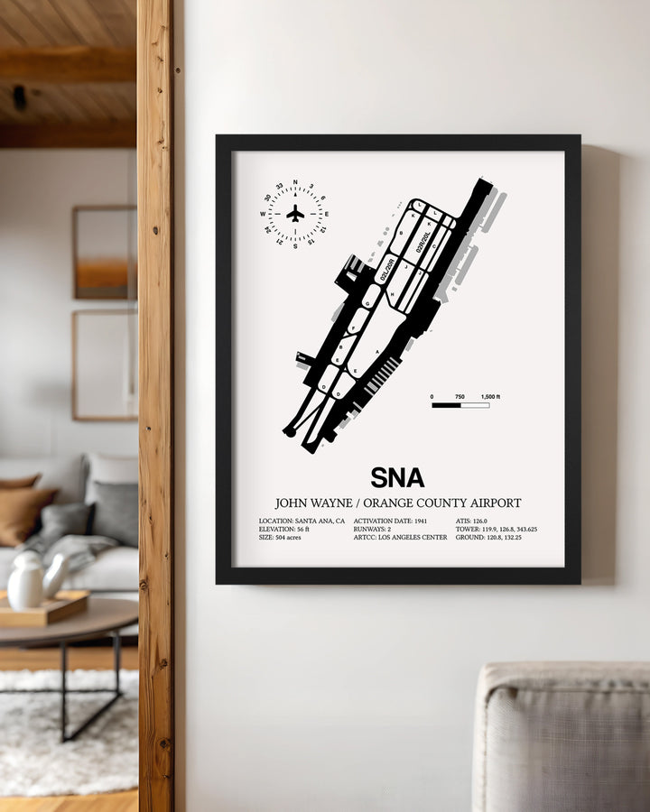 Framed Detailed Airport Map of John Wayne Orange County International Airport (SNA) in White with a Black Frame