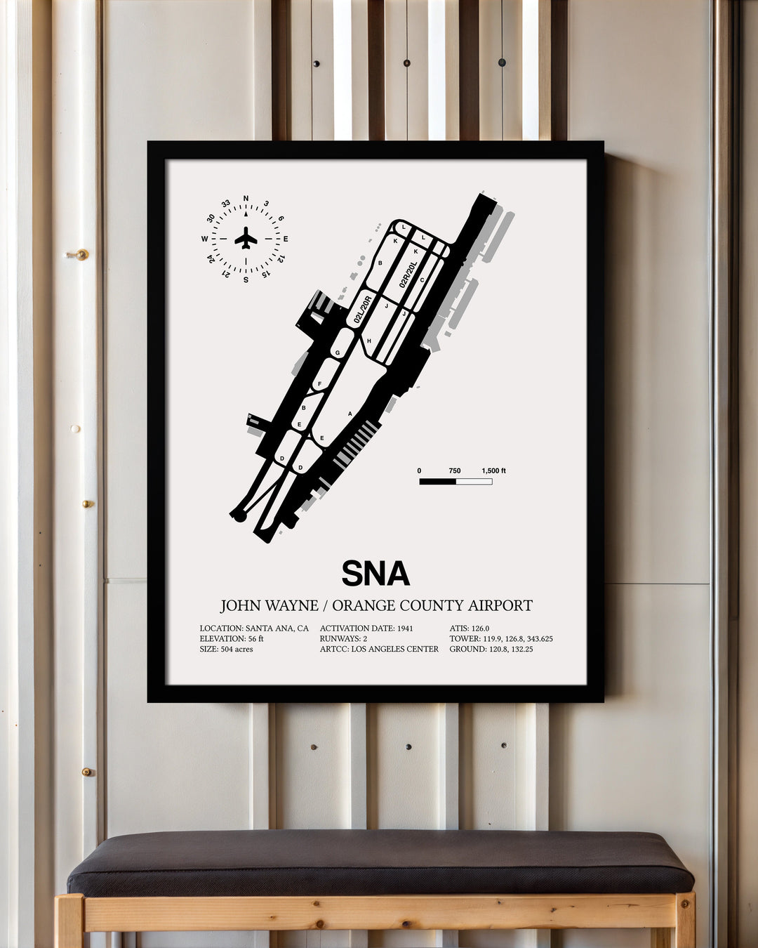 Framed Detailed Airport Map of John Wayne Orange County International Airport (SNA) in White with a Black Frame