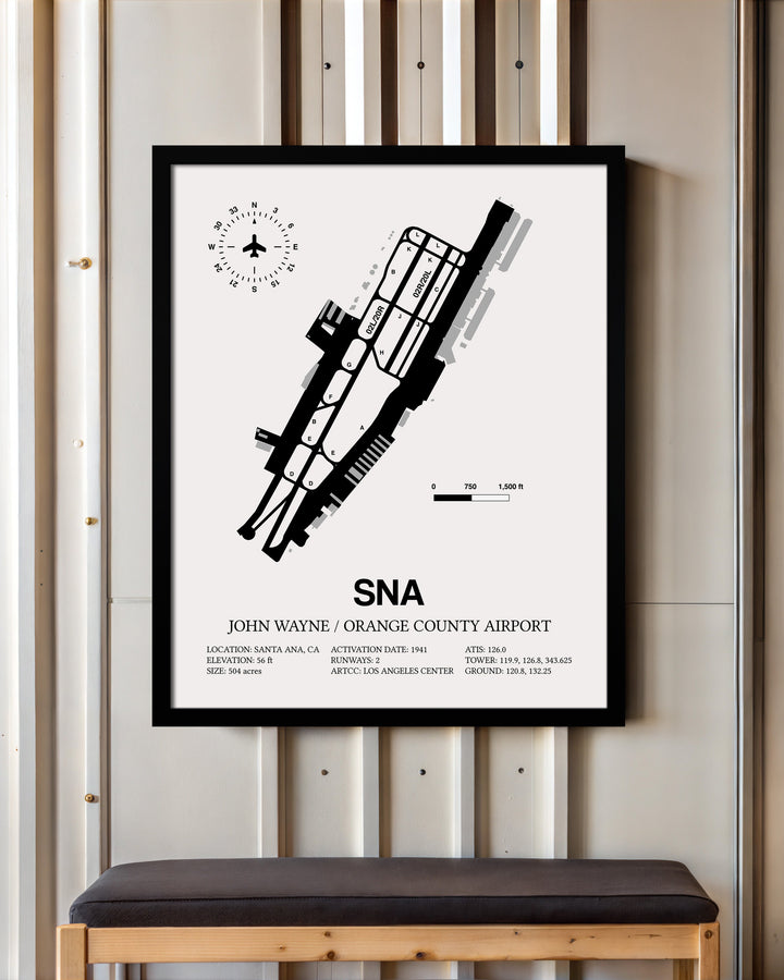 Framed Detailed Airport Map of John Wayne Orange County International Airport (SNA) in White with a Black Frame