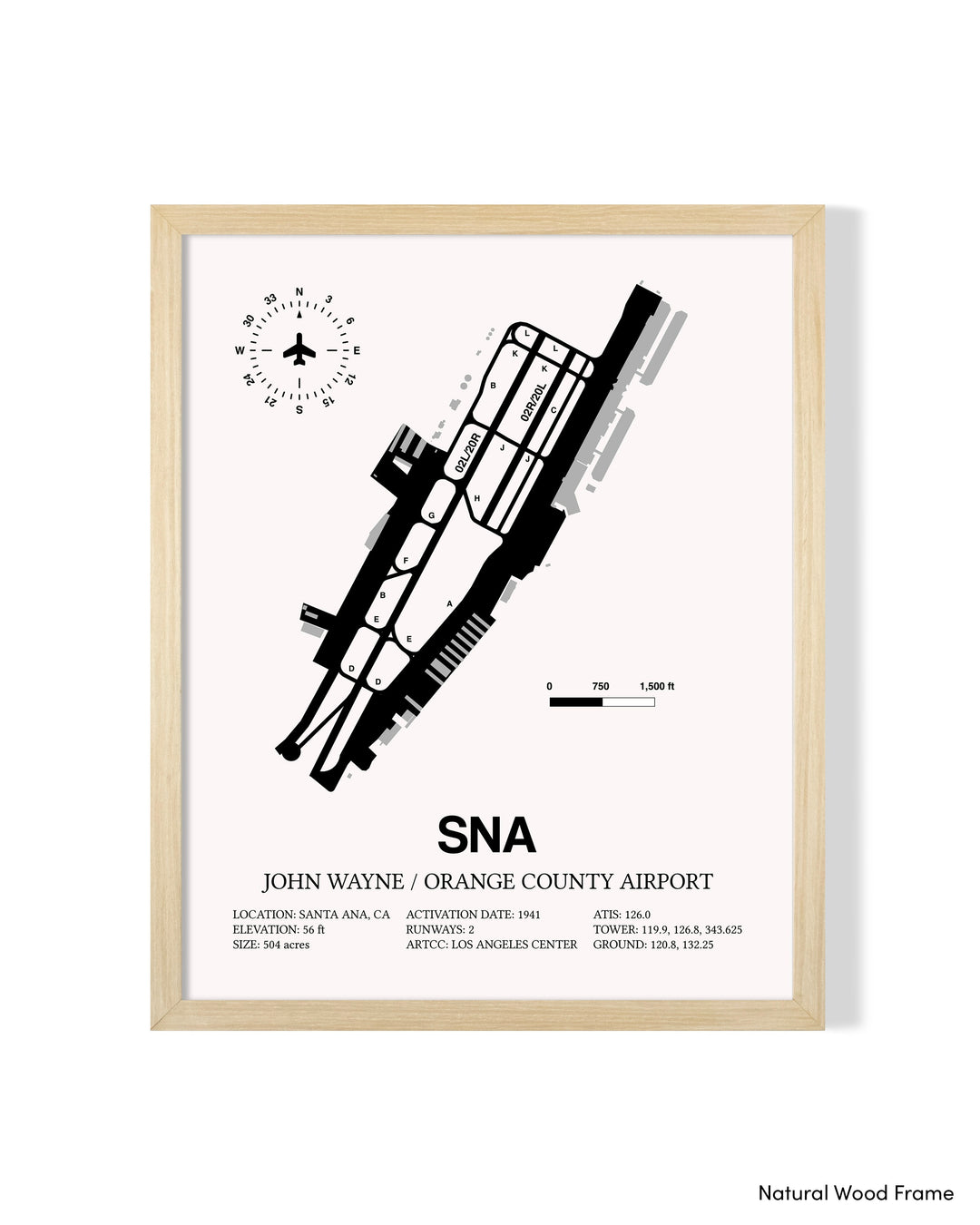 Detailed Airport Map of John Wayne Orange County International Airport (SNA) in White with a Natural Frame