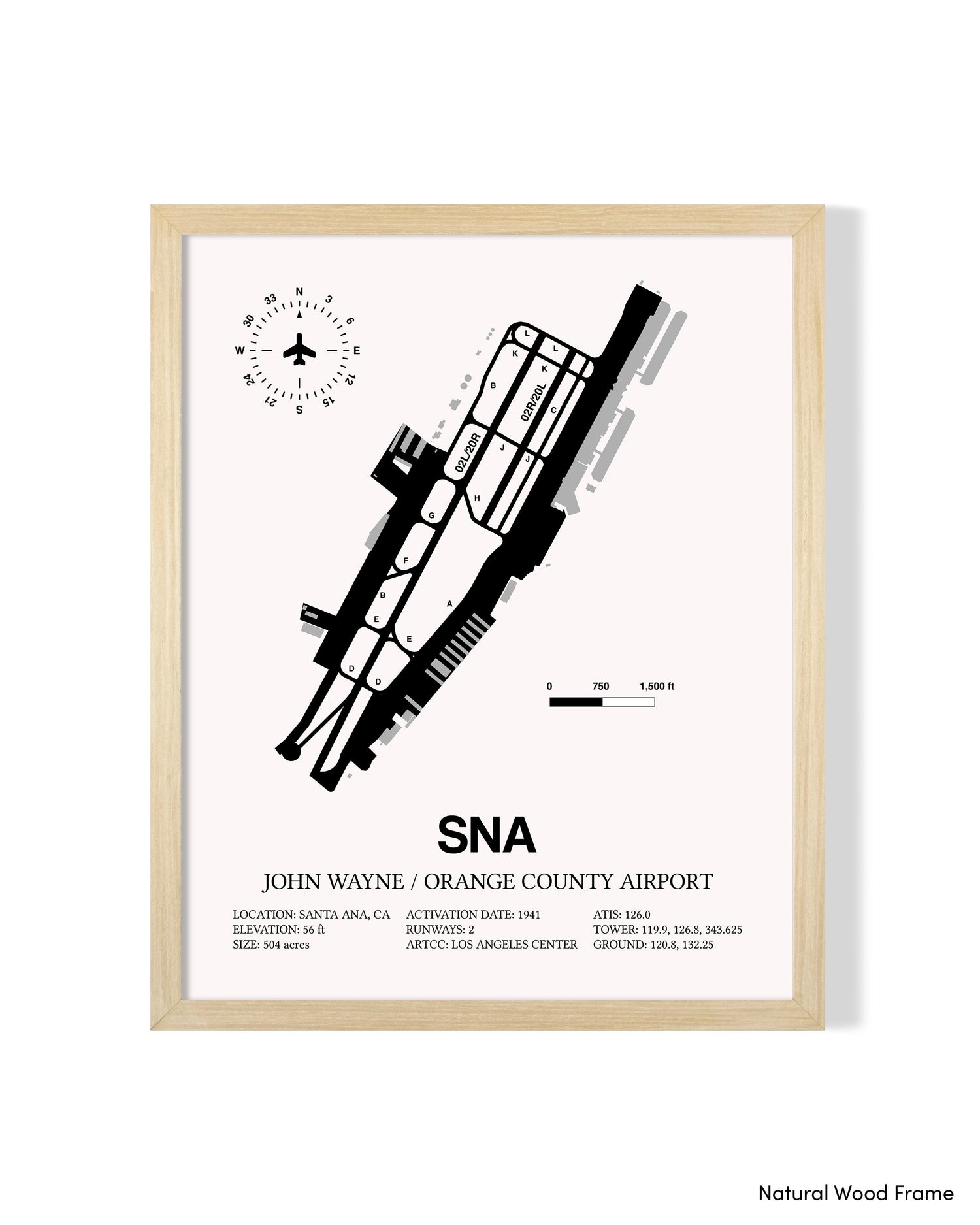 Detailed Airport Map of John Wayne Orange County International Airport (SNA) in White with a Natural Frame