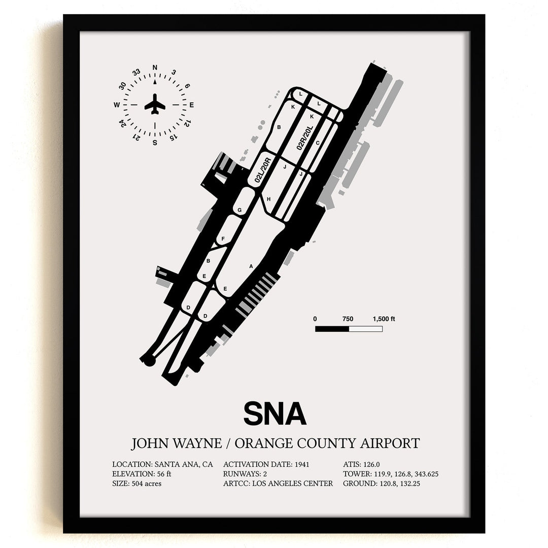 Framed Detailed Airport Map of John Wayne Orange County International Airport (SNA) in White with a Black Frame