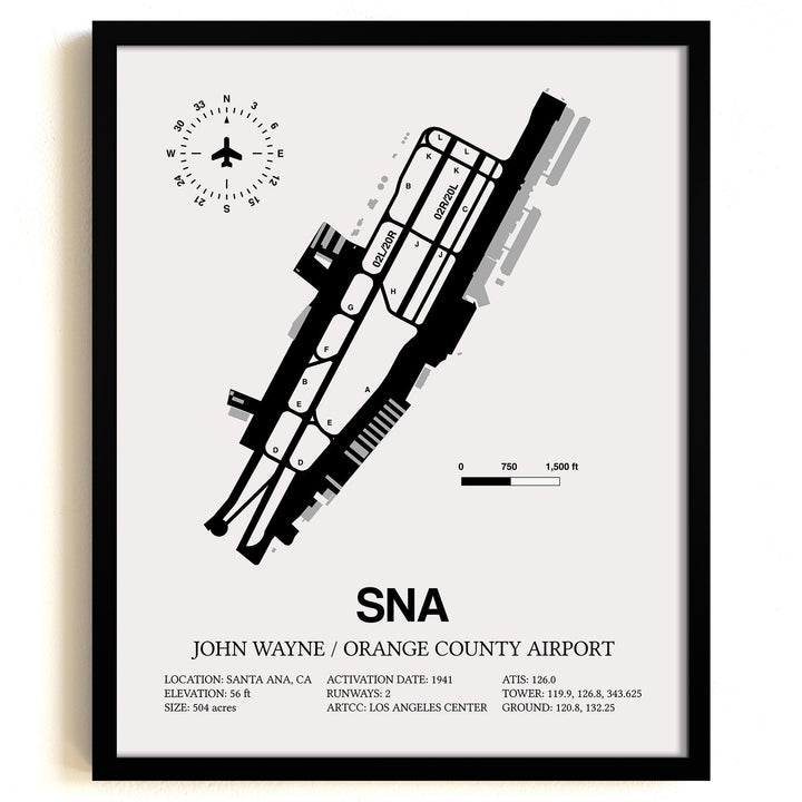 Framed Detailed Airport Map of John Wayne Orange County International Airport (SNA) in White with a Black Frame