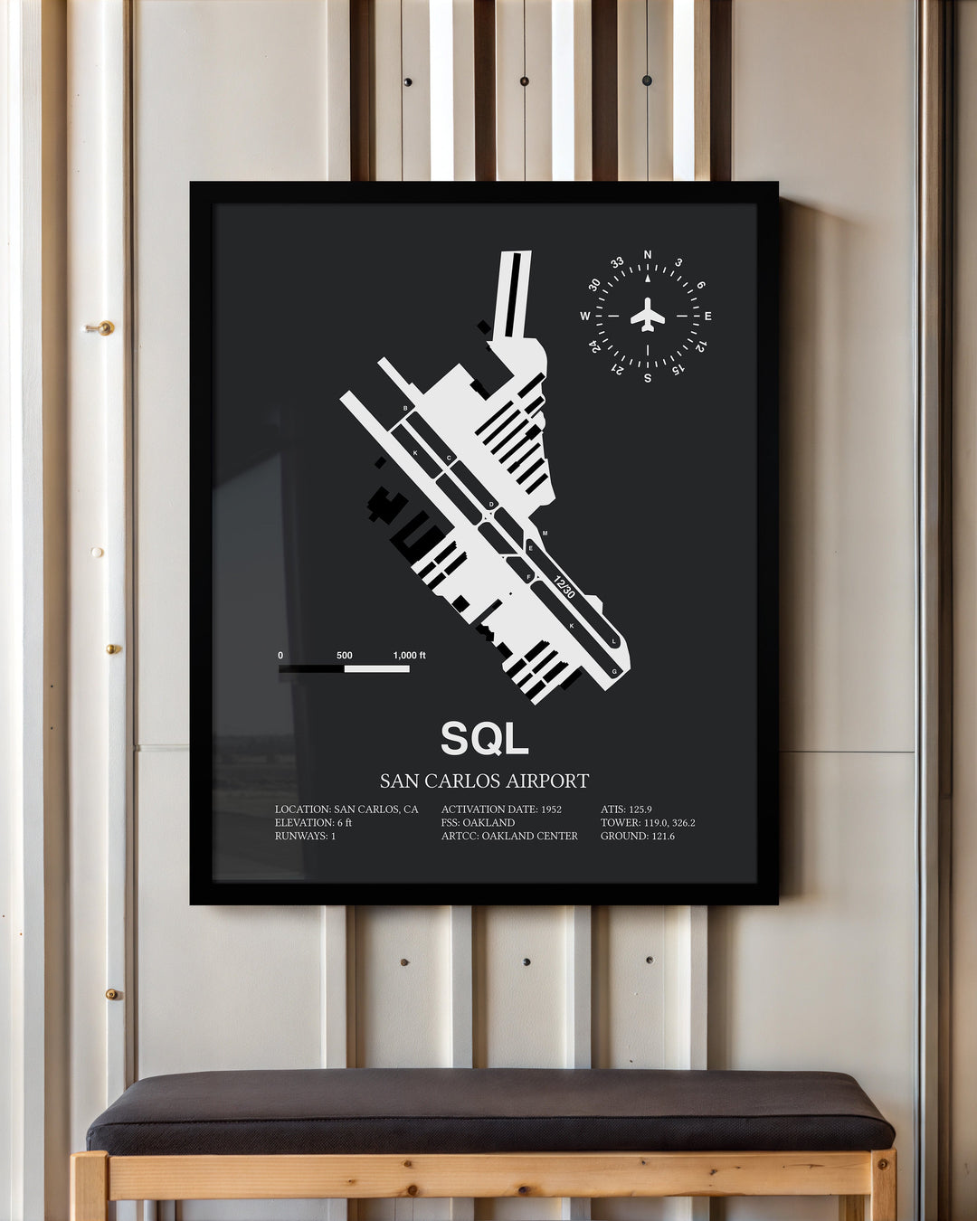 Framed Detailed Airport Map of San Carlos Airport (SQL) in Gray with a Black Frame