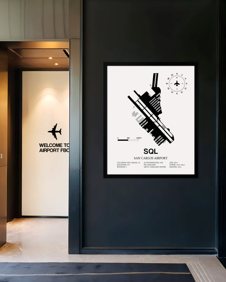 Framed Detailed Airport Map of San Carlos Airport (SQL) in White with a Black Frame