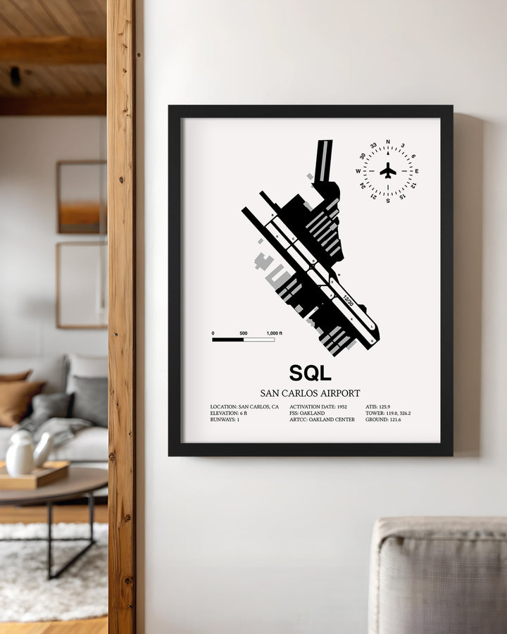 Framed Detailed Airport Map of San Carlos Airport (SQL) in White with a Black Frame
