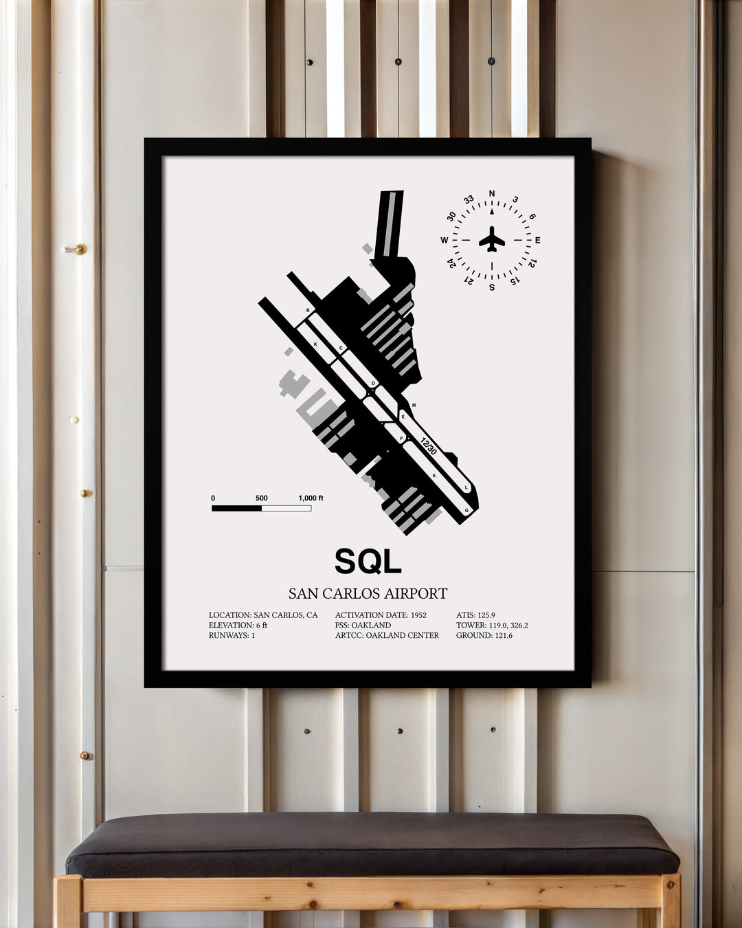 Framed Detailed Airport Map of San Carlos Airport (SQL) in White with a Black Frame