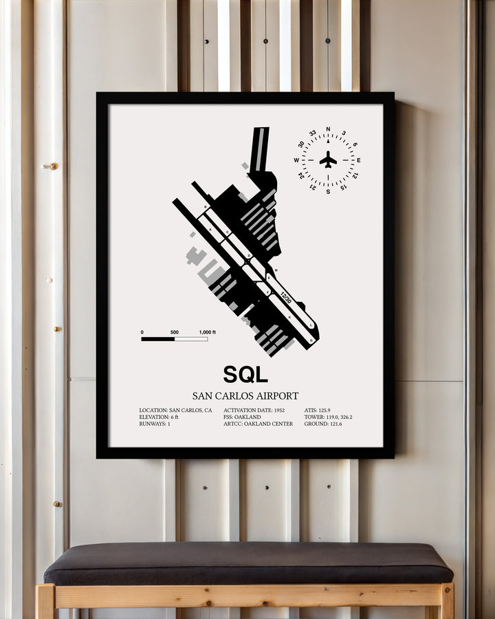 Framed Detailed Airport Map of San Carlos Airport (SQL) in White with a Black Frame
