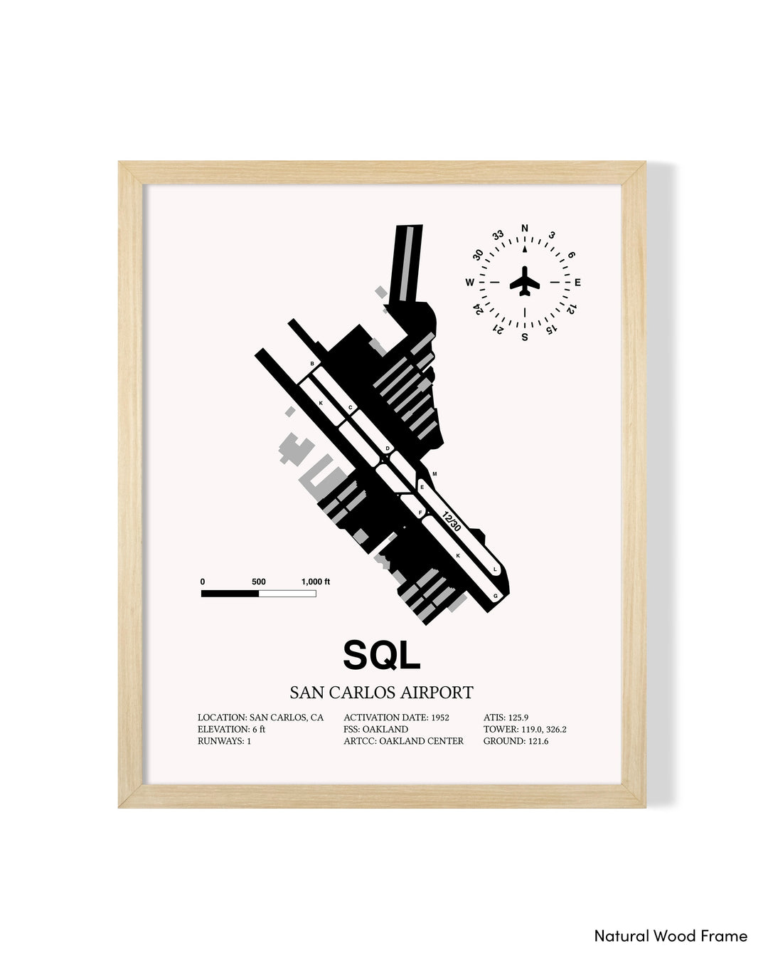 Detailed Airport Map of San Carlos Airport (SQL) in White with a Natural Frame