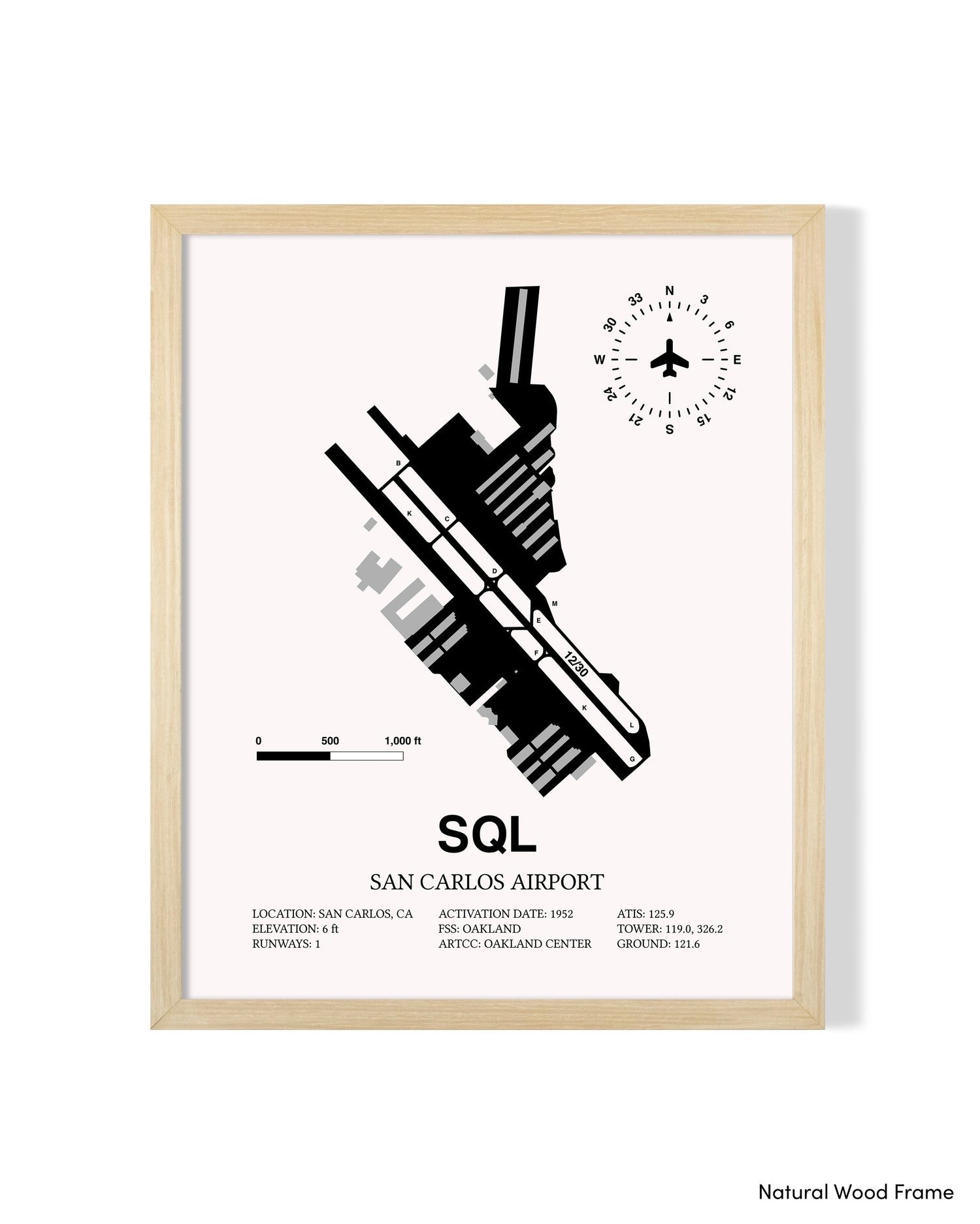 Detailed Airport Map of San Carlos Airport (SQL) in White with a Natural Frame