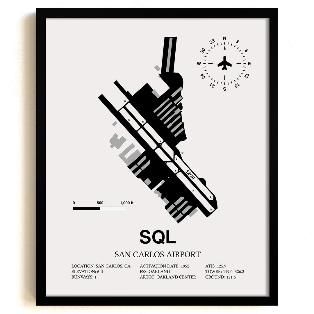 Framed Detailed Airport Map of San Carlos Airport (SQL) in White with a Black Frame