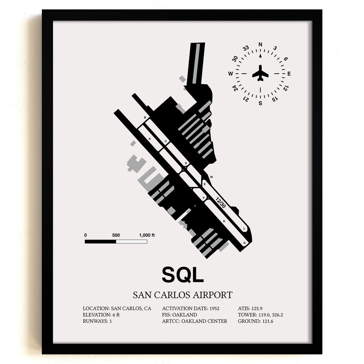Framed Detailed Airport Map of San Carlos Airport (SQL) in White with a Black Frame