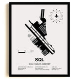 Framed Detailed Airport Map of San Carlos Airport (SQL) in White with a Black Frame