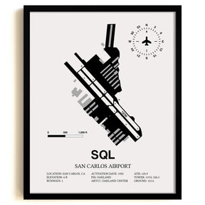 Framed Detailed Airport Map of San Carlos Airport (SQL) in White with a Black Frame