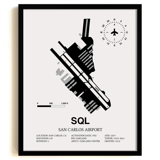 Framed Detailed Airport Map of San Carlos Airport (SQL) in White with a Black Frame