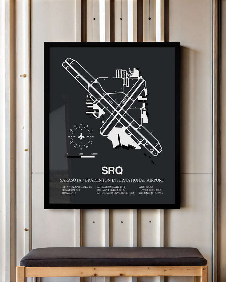 Framed Detailed Airport Map of Sarasota / Bradenton International Airport (SRQ) in Gray with a Black Frame