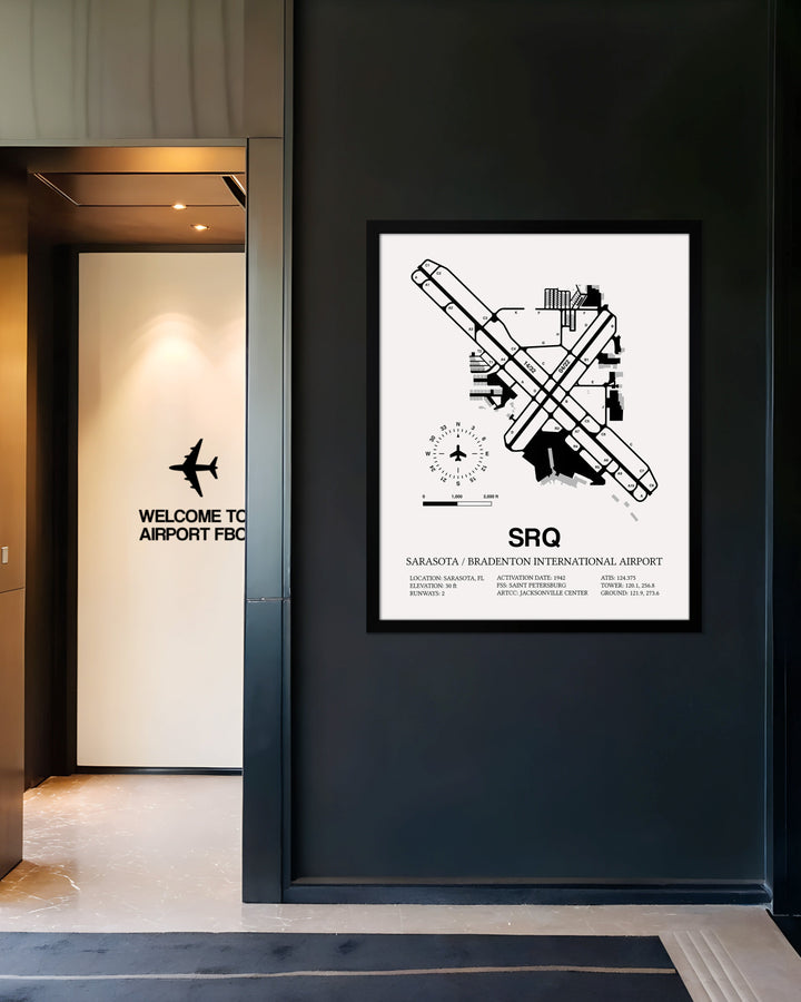 Framed Detailed Airport Map of Sarasota / Bradenton International Airport (SRQ) in White with a Black Frame