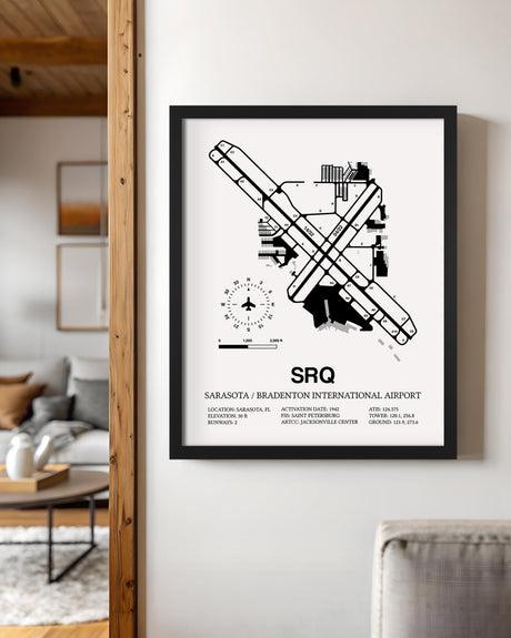 Framed Detailed Airport Map of Sarasota / Bradenton International Airport (SRQ) in White with a Black Frame