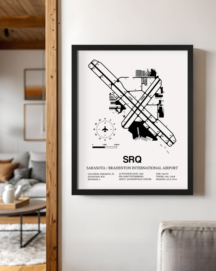 Framed Detailed Airport Map of Sarasota / Bradenton International Airport (SRQ) in White with a Black Frame