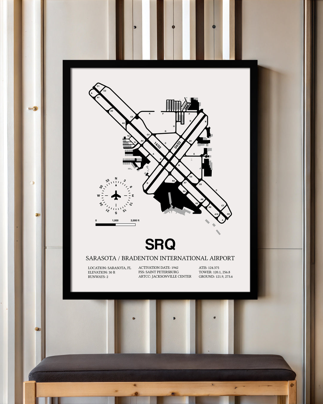Framed Detailed Airport Map of Sarasota / Bradenton International Airport (SRQ) in White with a Black Frame