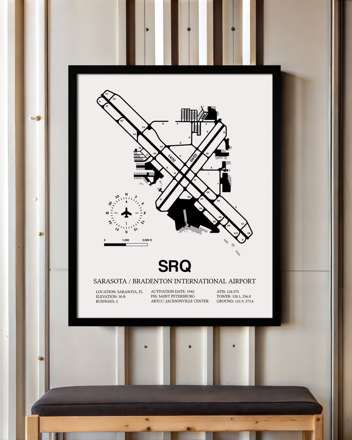 Framed Detailed Airport Map of Sarasota / Bradenton International Airport (SRQ) in White with a Black Frame